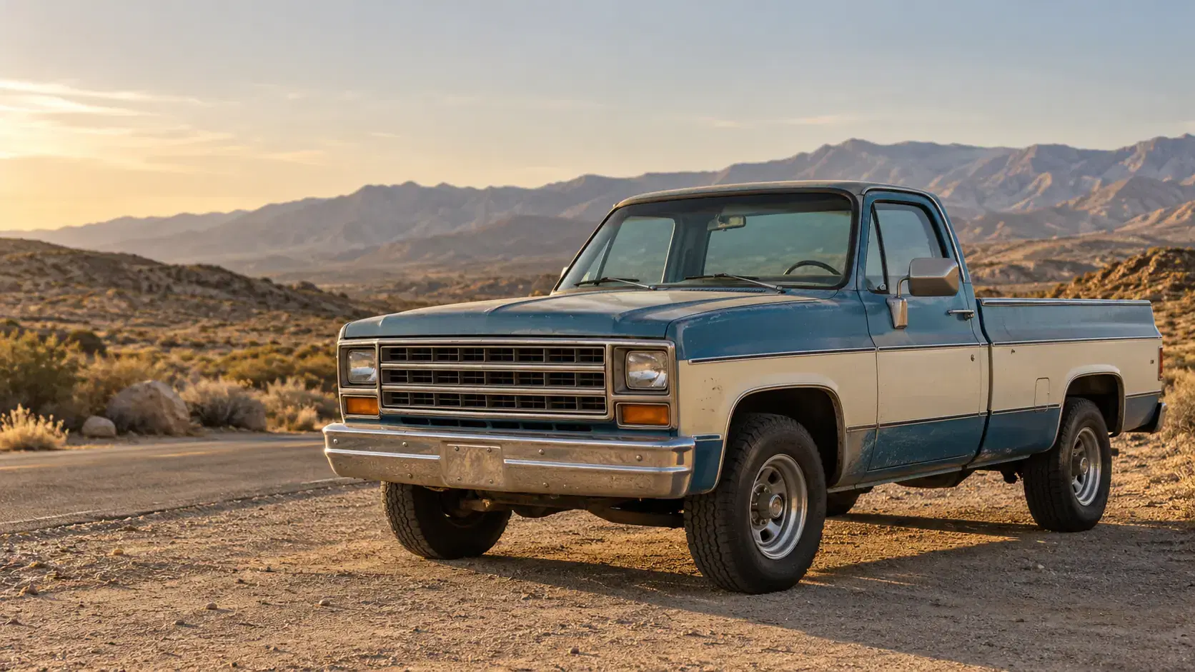 A cared-for vintage blue-and-cream pickup on a quiet high-desert roadside