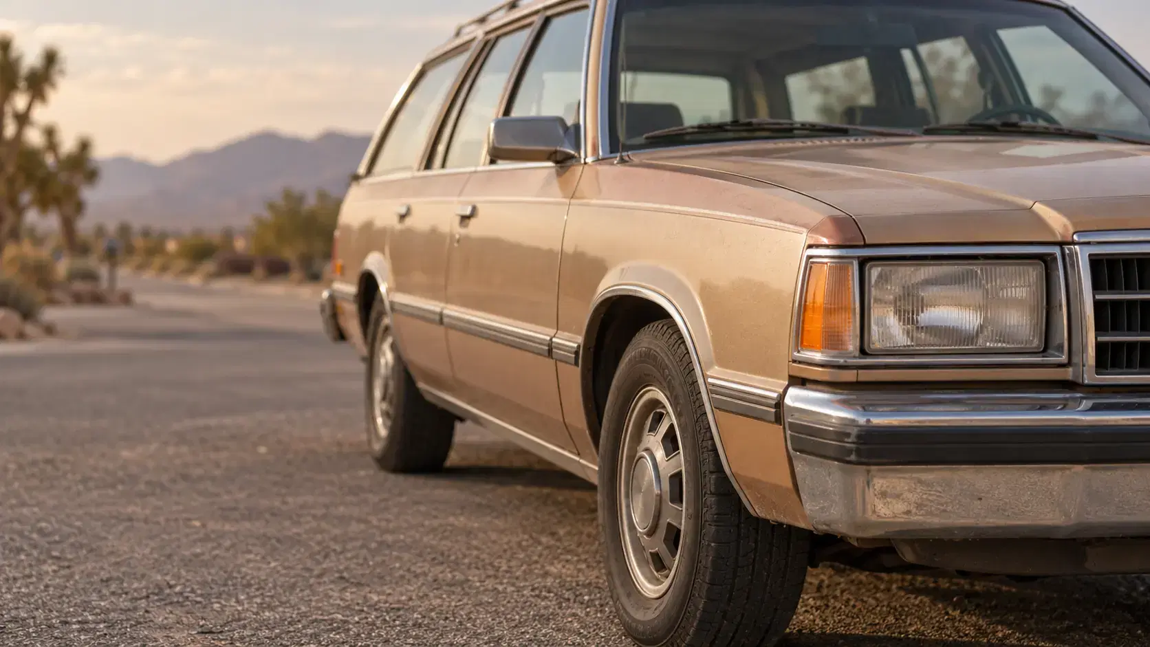 Warm sunlight on the paint, chrome, and wheel of a well-loved tan station wagon